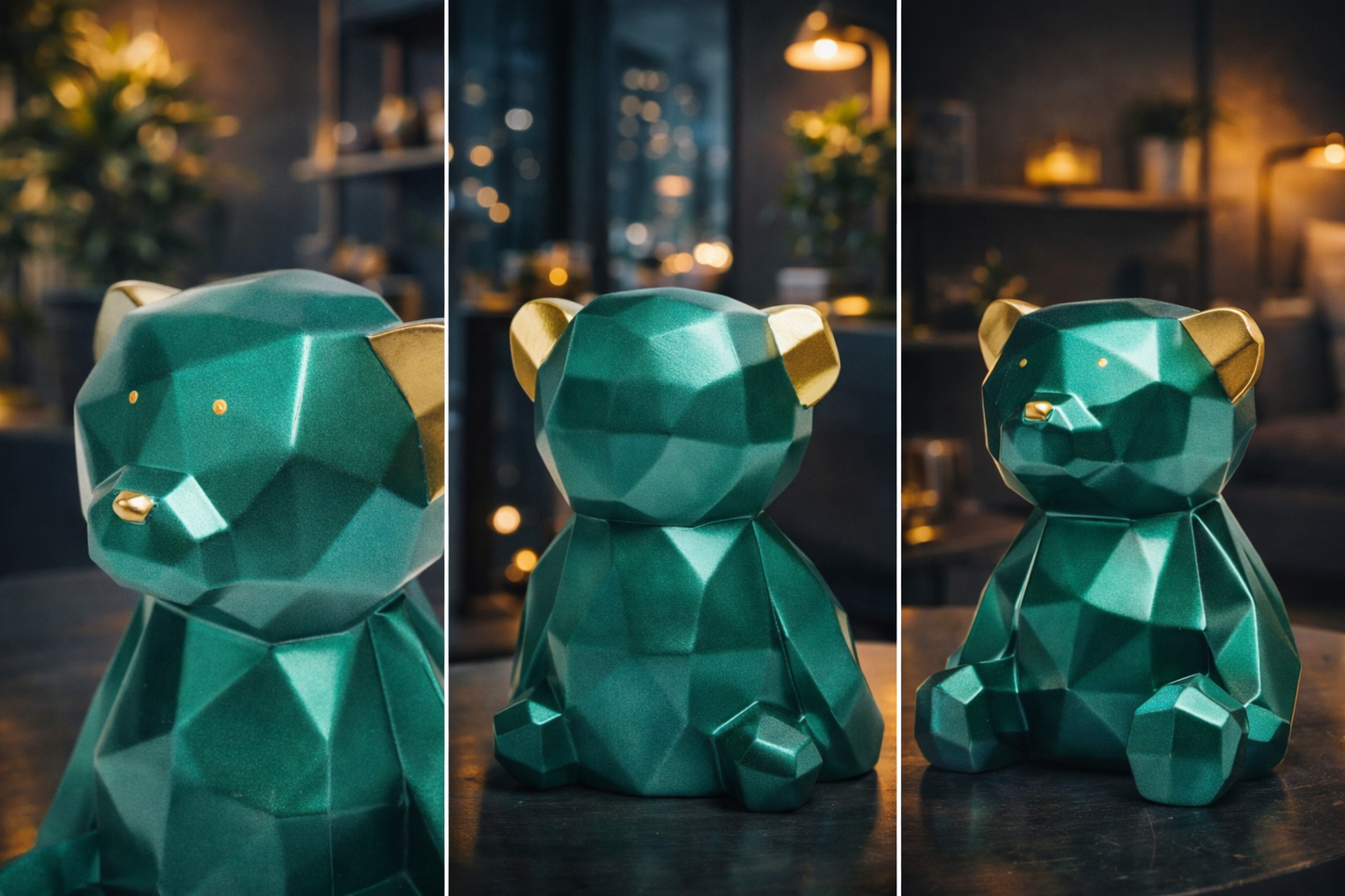 Design-Bär Skulptur – Facettierter Look in Grün & Gold