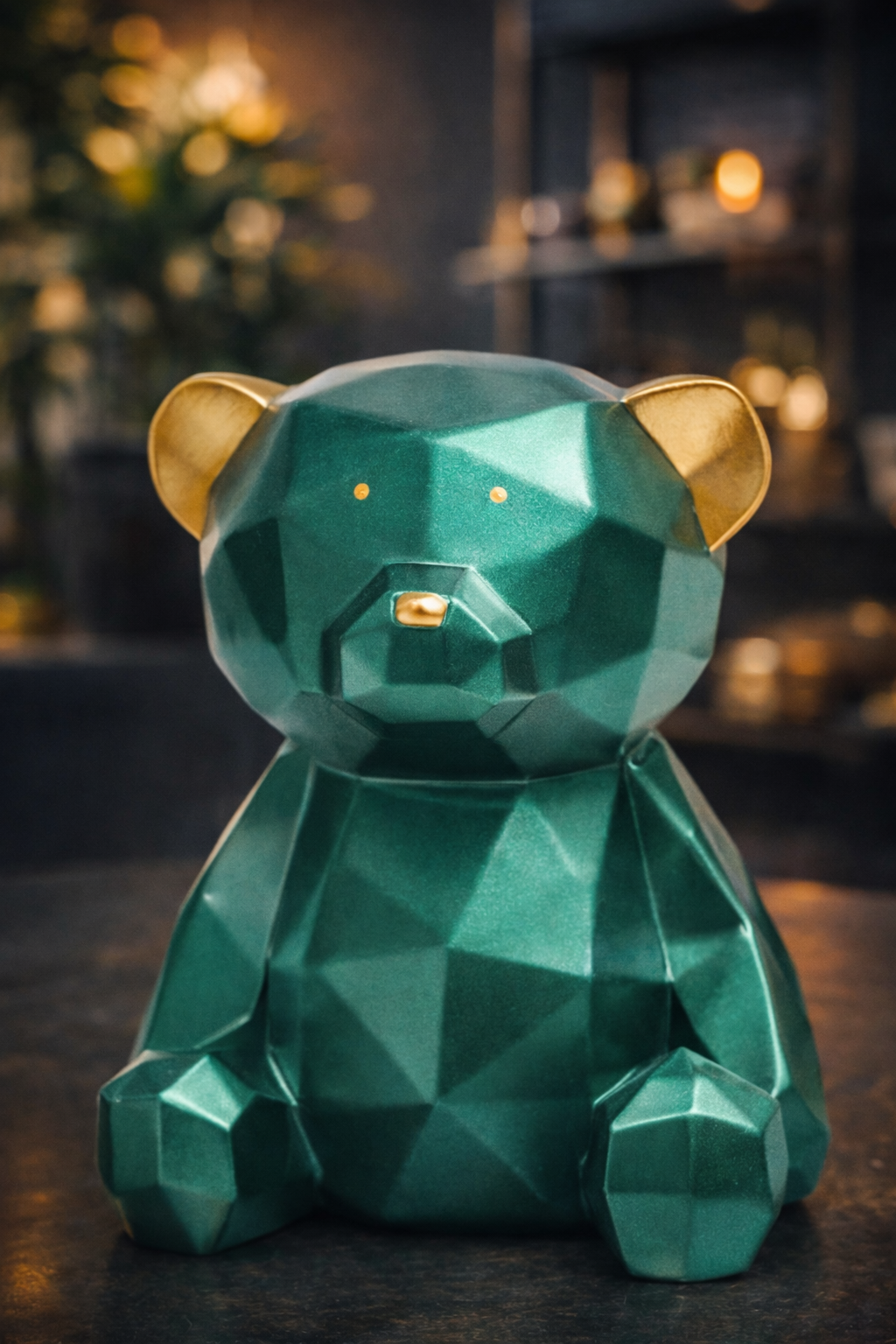 Design-Bär Skulptur – Facettierter Look in Grün & Gold