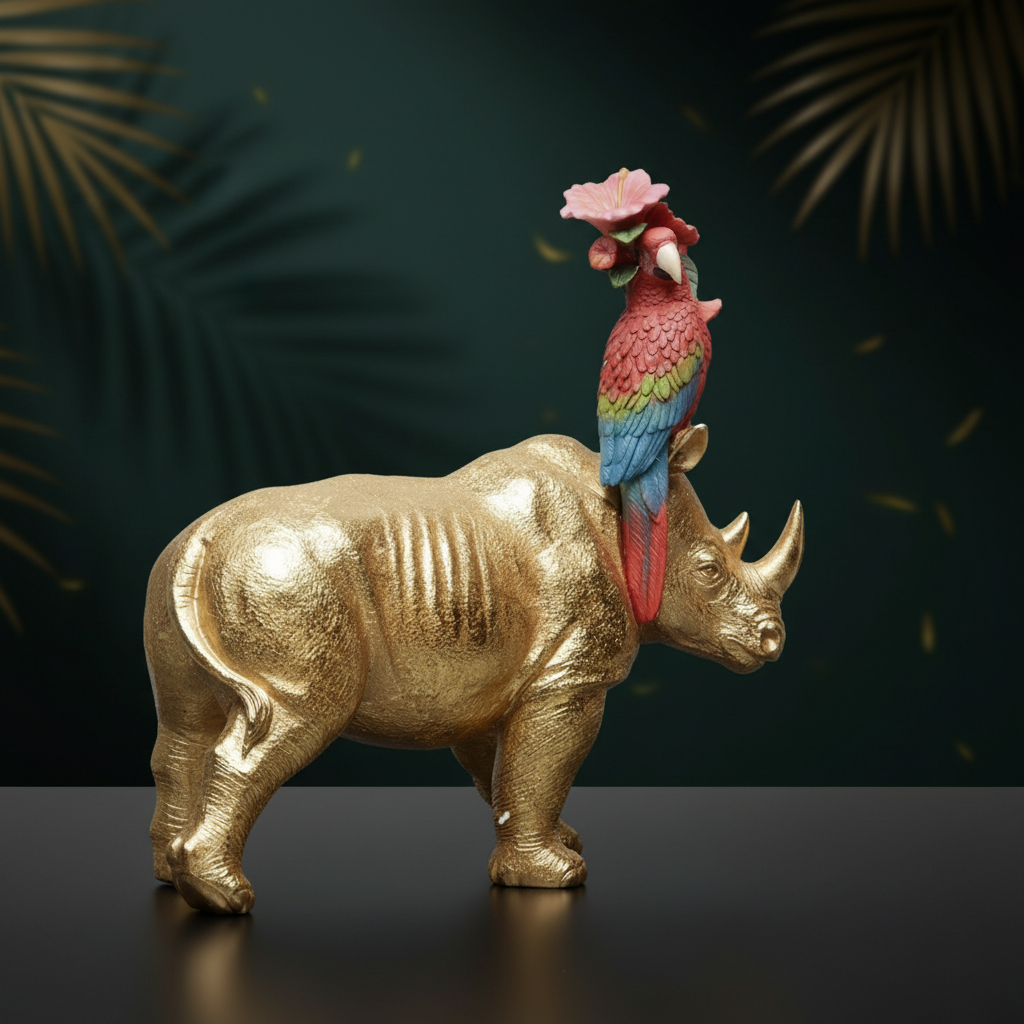 Dekofigur „Rhino & Parrot“ – Gold